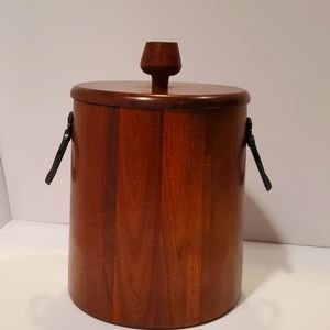 Vintage Vermillion Wooden Solid Walnut Ice Bucket With Plastic Liner MCM